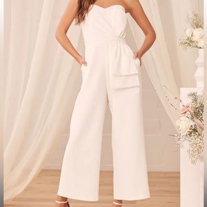 Won a Heart White Strapless Wide Leg Jumpsuit